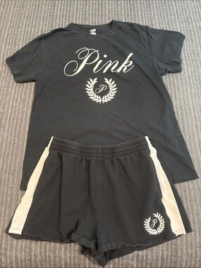 PINK Victoria's Secret Black Graphic Tee with White Logo and Shorts